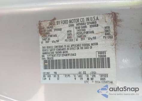 2002 Ford F-150 Xl/Xlt из США, поврежденный, VIN 1FTRX17212NB91563